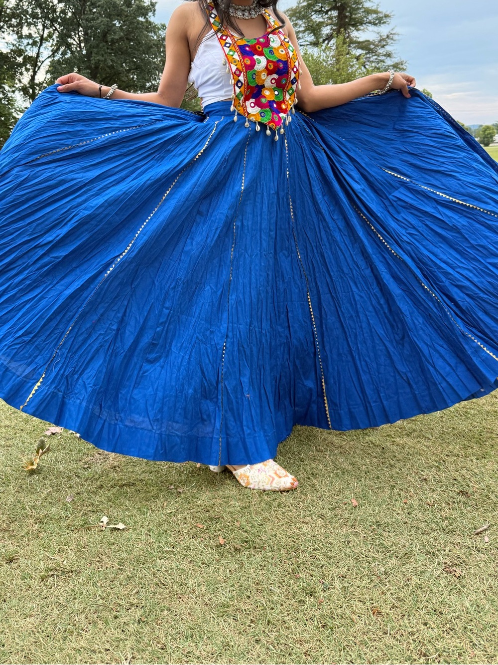 White Blouse & Blue Chaniya Set with Pockets 💙🤍